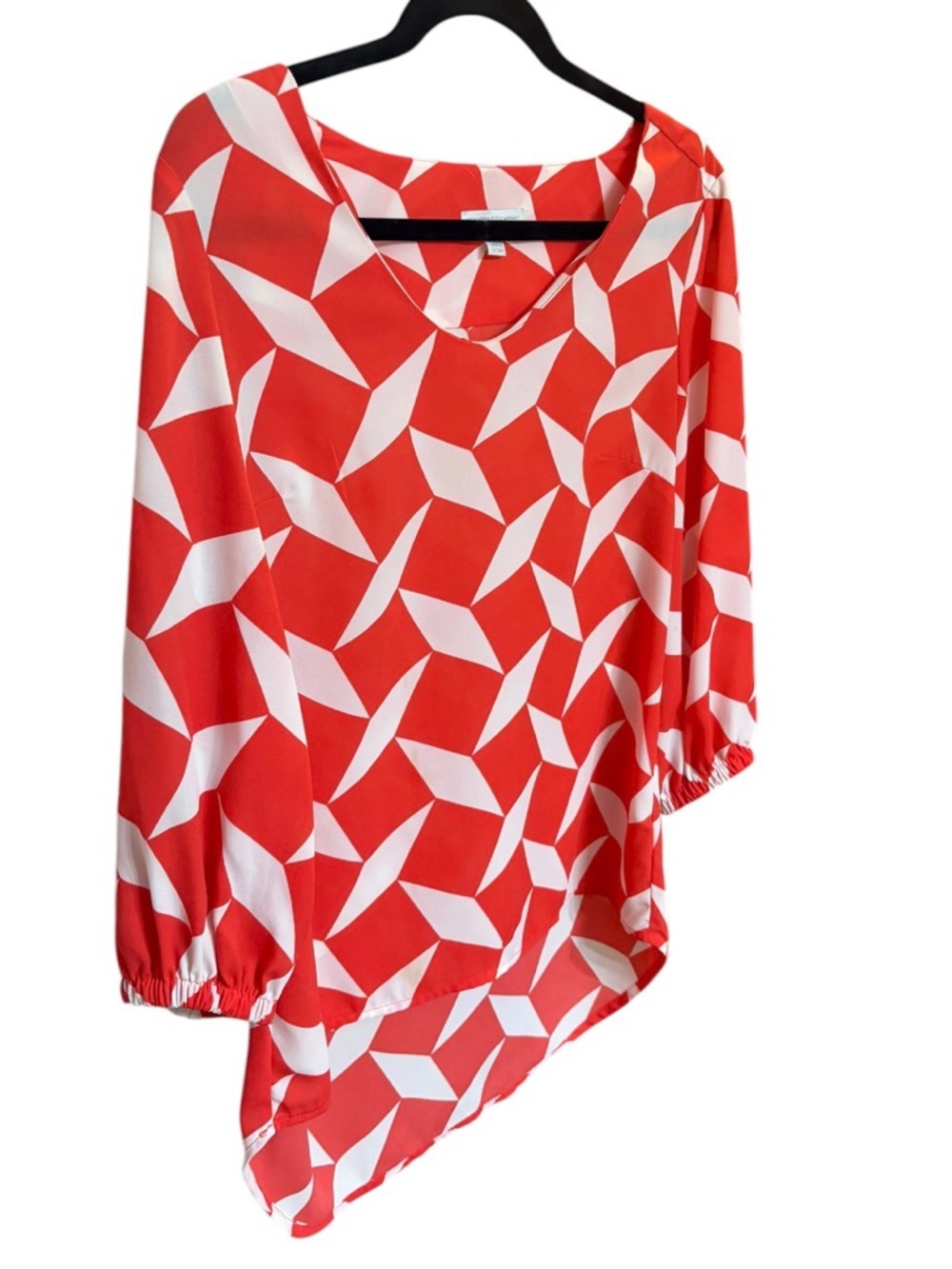 New York & Company Coral and White Geometric Asymmetric Blouse